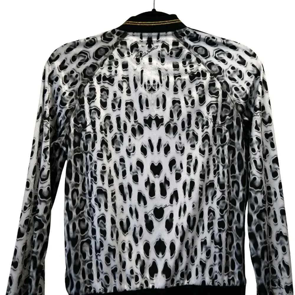 Roberto Cavalli Gym Gray Velour Leopard Print Bomber Jacket Size 38 Approx US 2